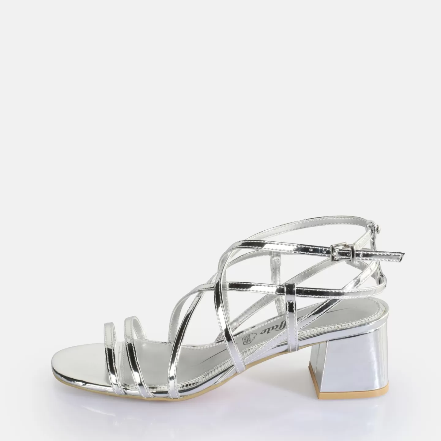 BUFFALO Lilly Cage Heeled Sandals Vegan Silver Flash Sale